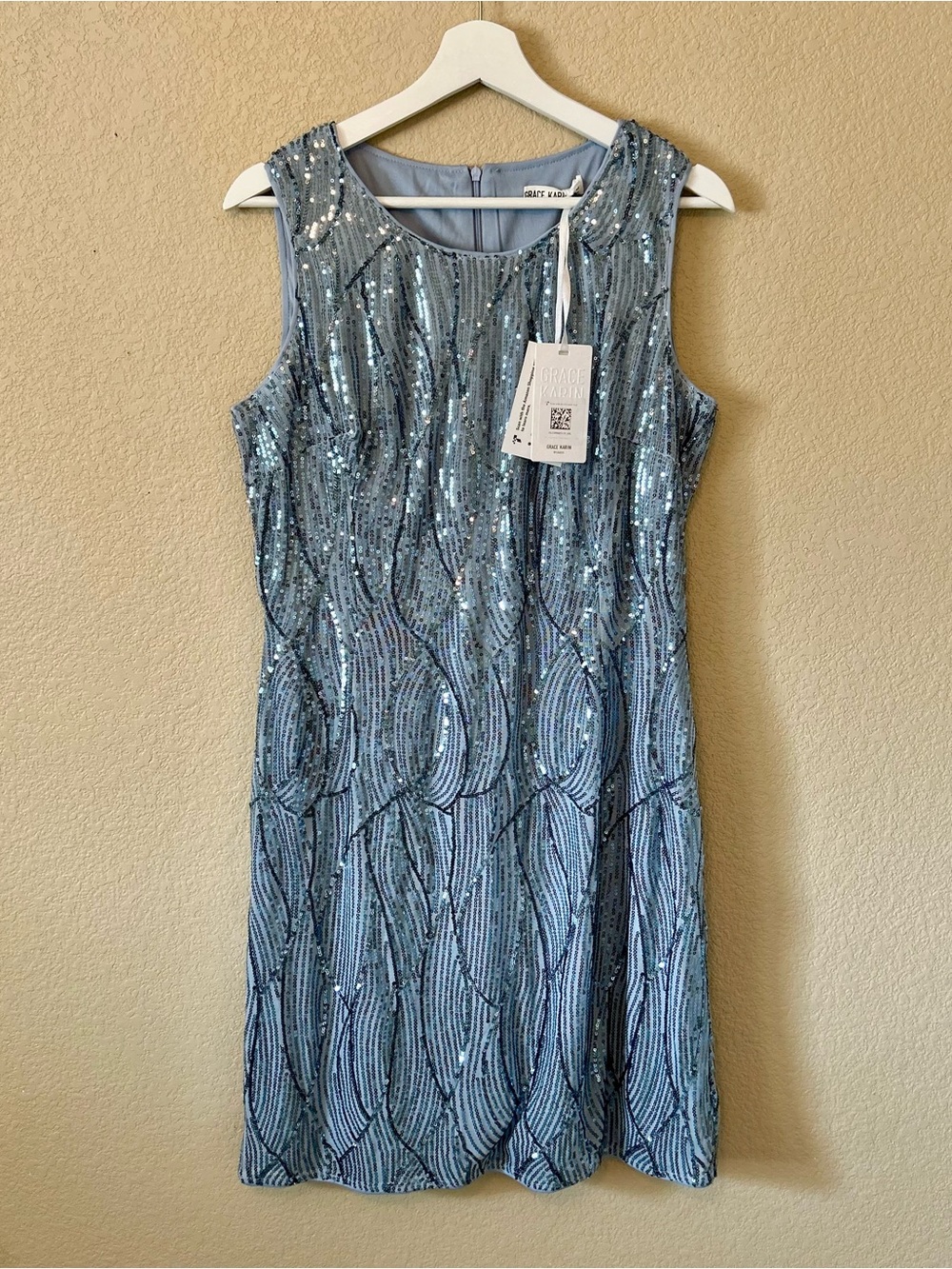NWT Grace Karin Blue Sequin Sheath Dress in Light Blue Midi Party Size L Chic